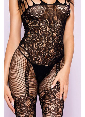 Bodystocking noir effet body jarretelles dentelle résille avec multiples bretelles - ML1783BLK